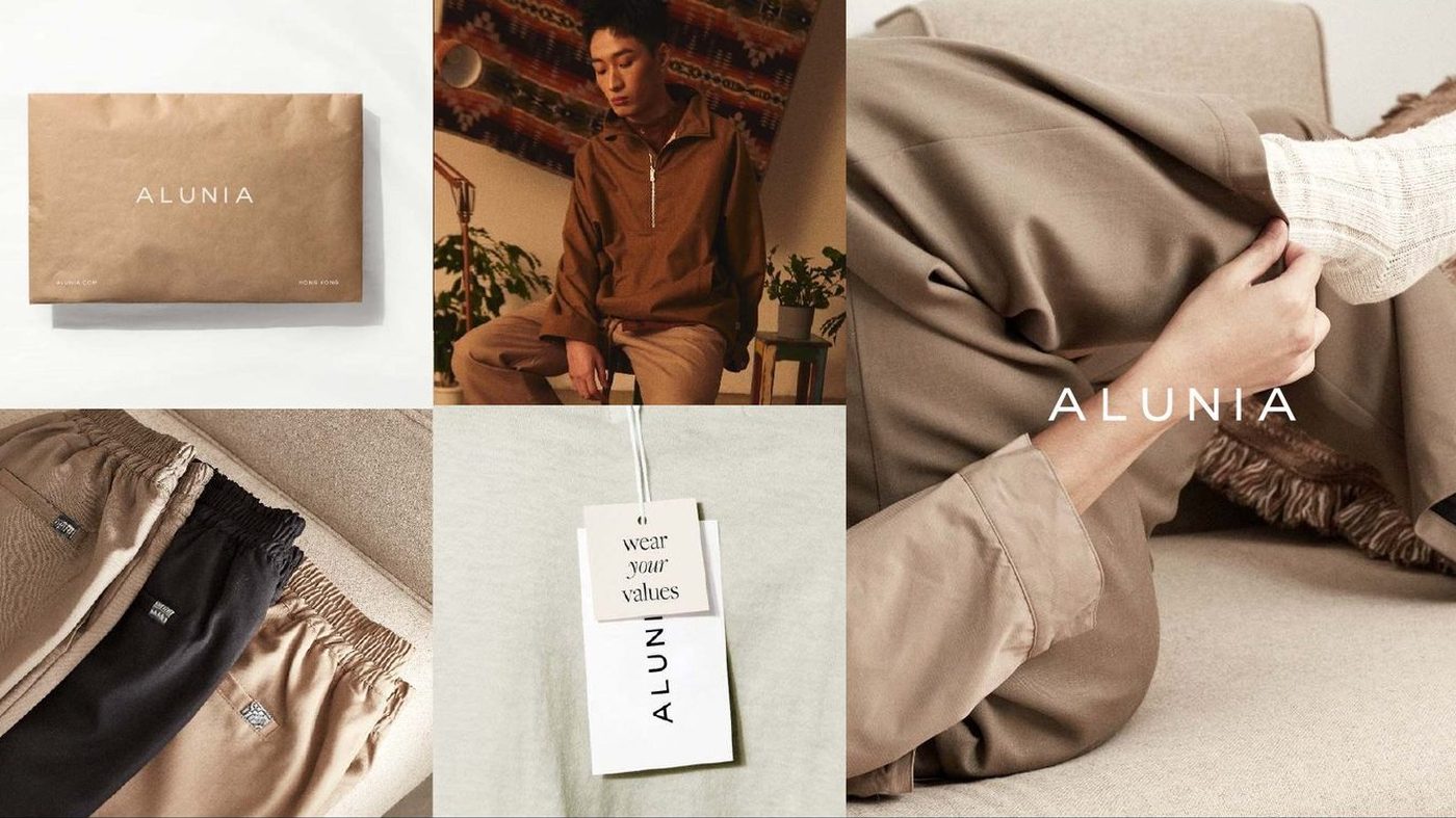 Alunia brand collage: kraft mailer bag, model in a tan quarter-zip, folded trousers and a 'wear your values' hang-tag