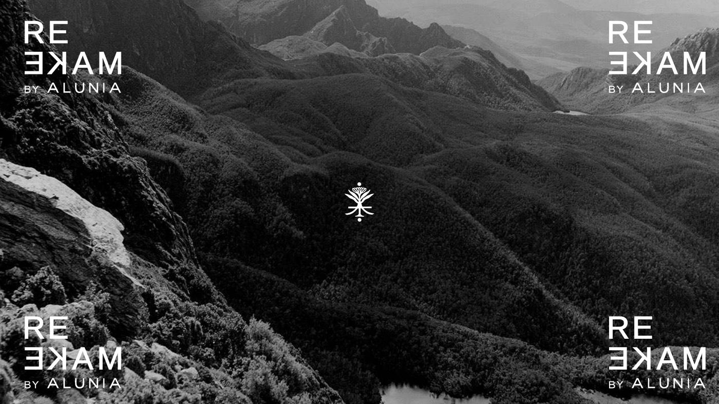Remake by Alunia wordmark with a reversed E, set over a black-and-white mountain landscape