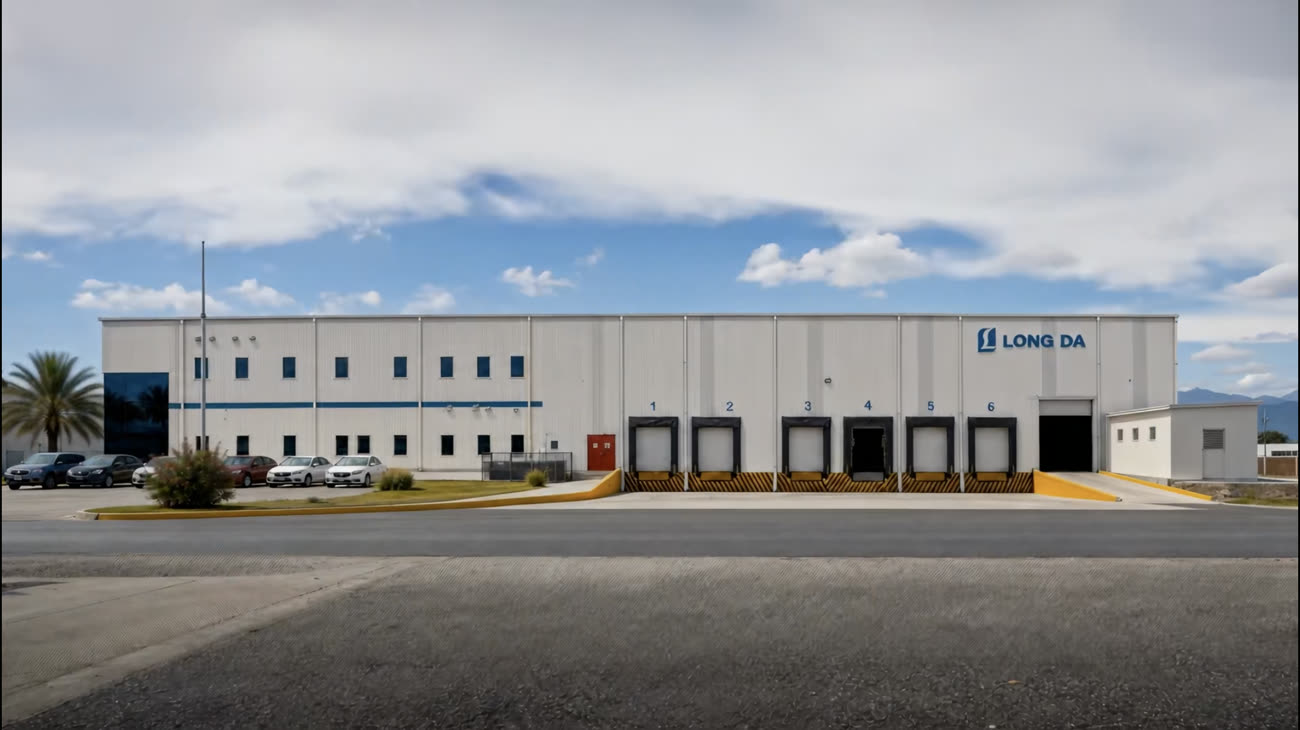 Long Da plant exterior in Mexico: white warehouse with loading docks under a blue sky