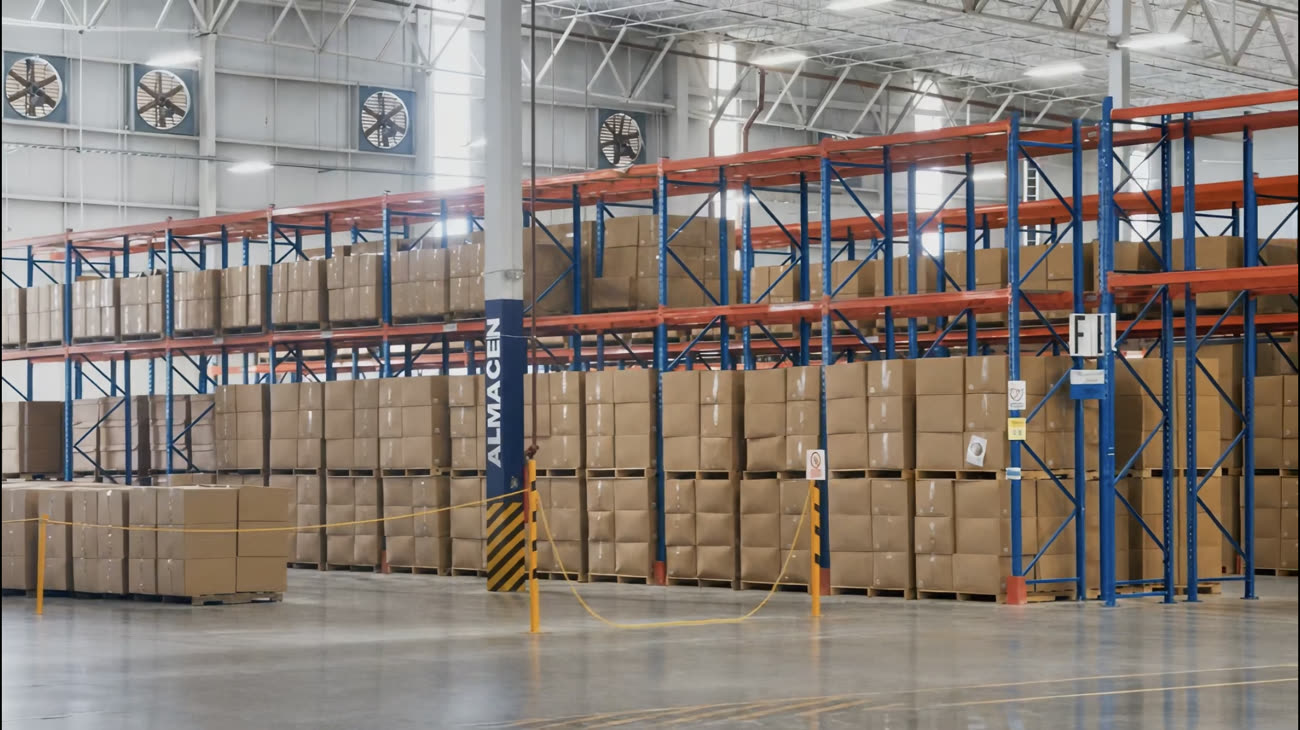 Long Da warehouse interior: pallet racking stacked with boxed product