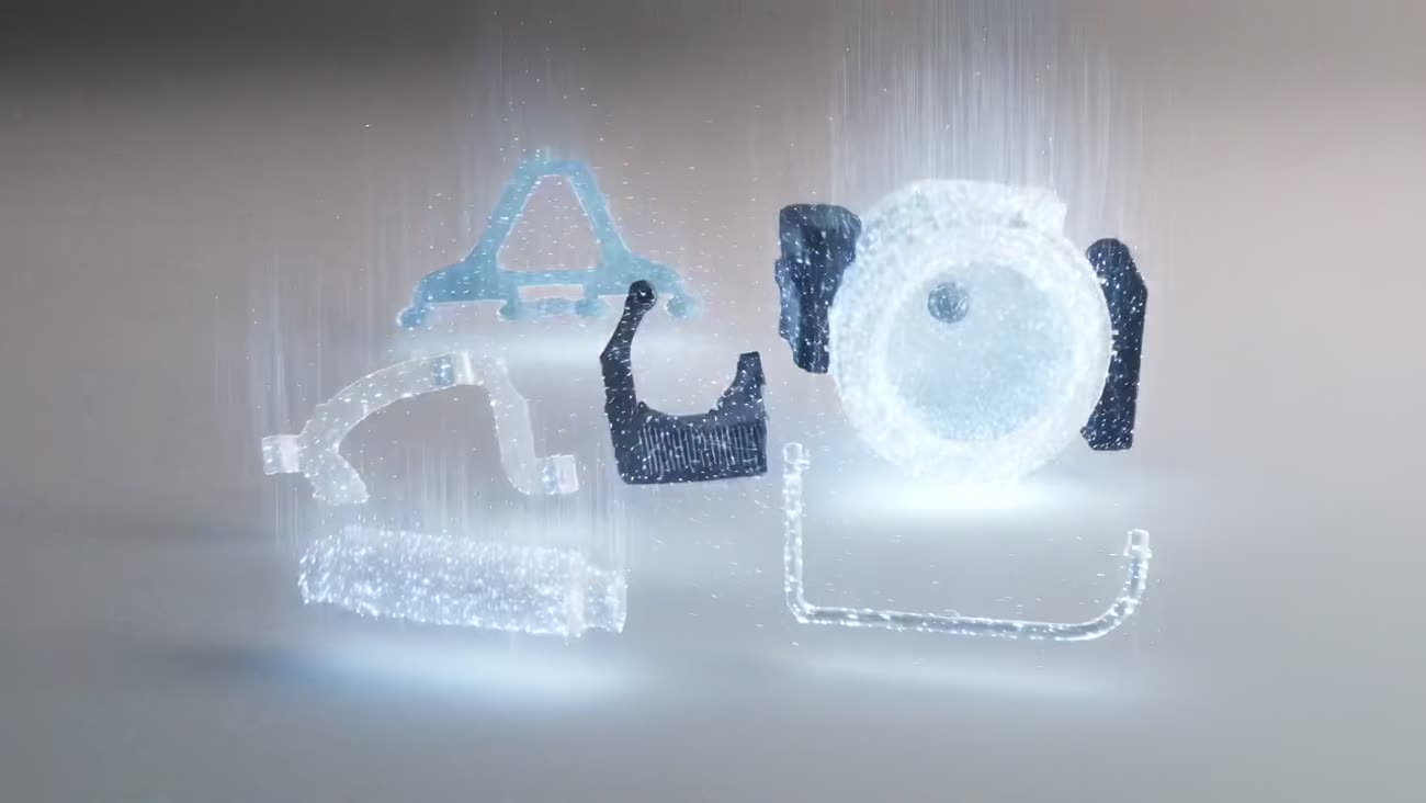 Still from the Long Da film: moulded parts materialising from particles