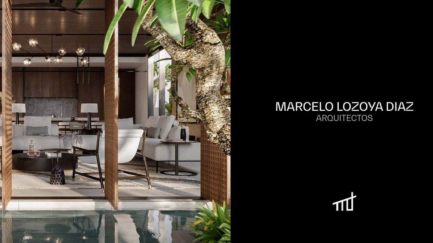Marcelo Lozoya Diaz Arquitectos wordmark and roofline mark beside a terrace photograph