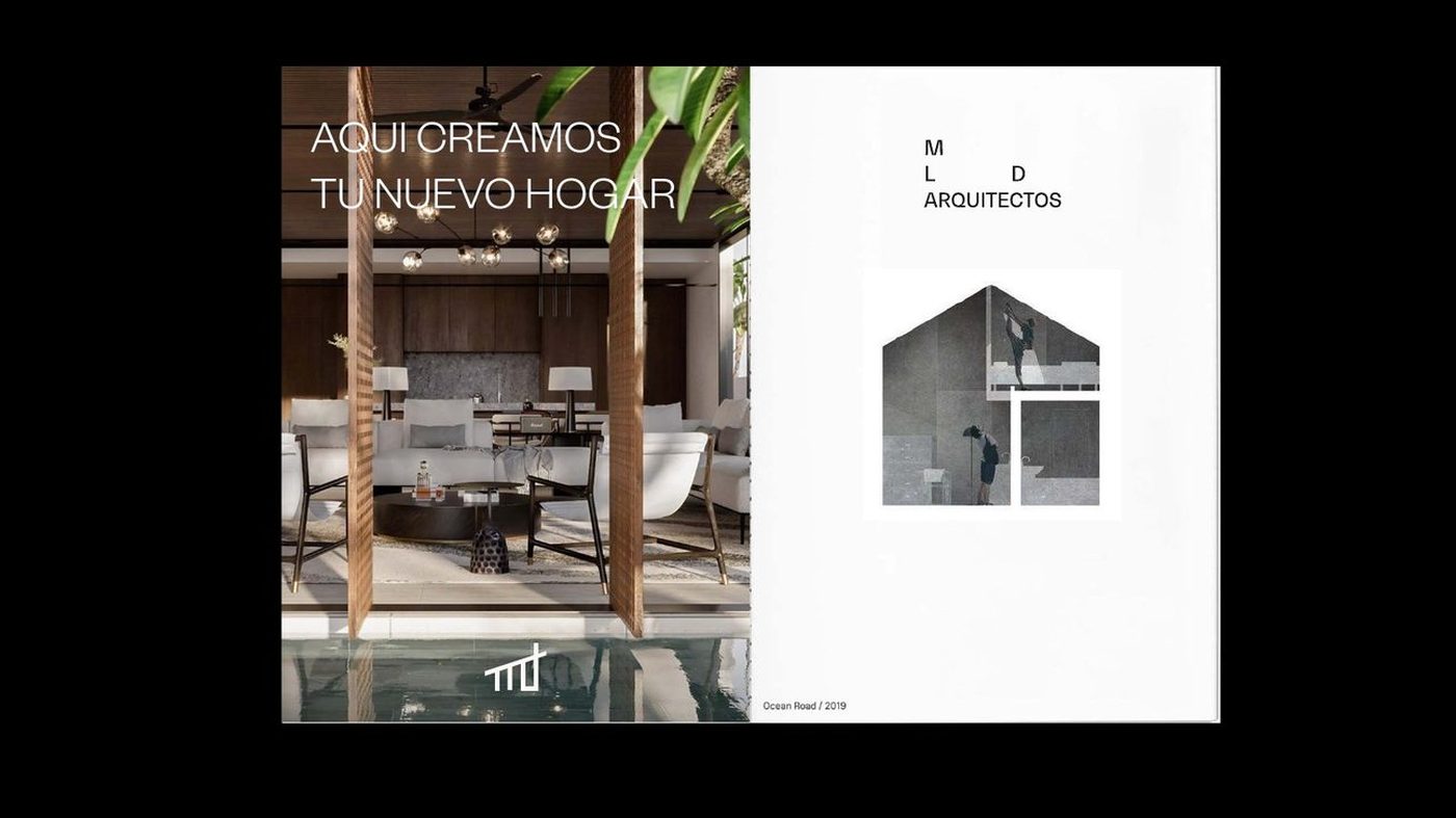 MLD Arquitectos brochure spread, 'Aquí creamos tu nuevo hogar', with a house elevation