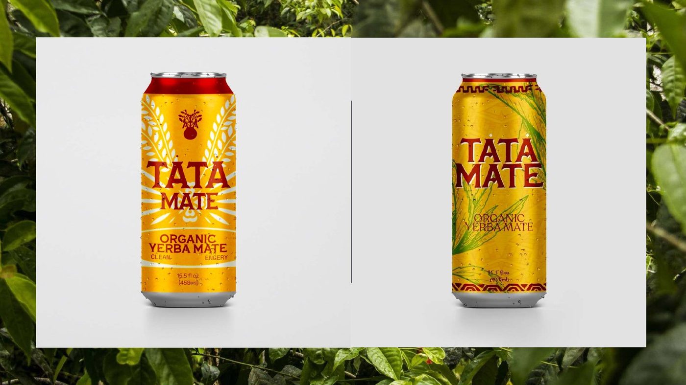Two TATA Mate cans: red organic yerba mate and yellow with a leaf pattern