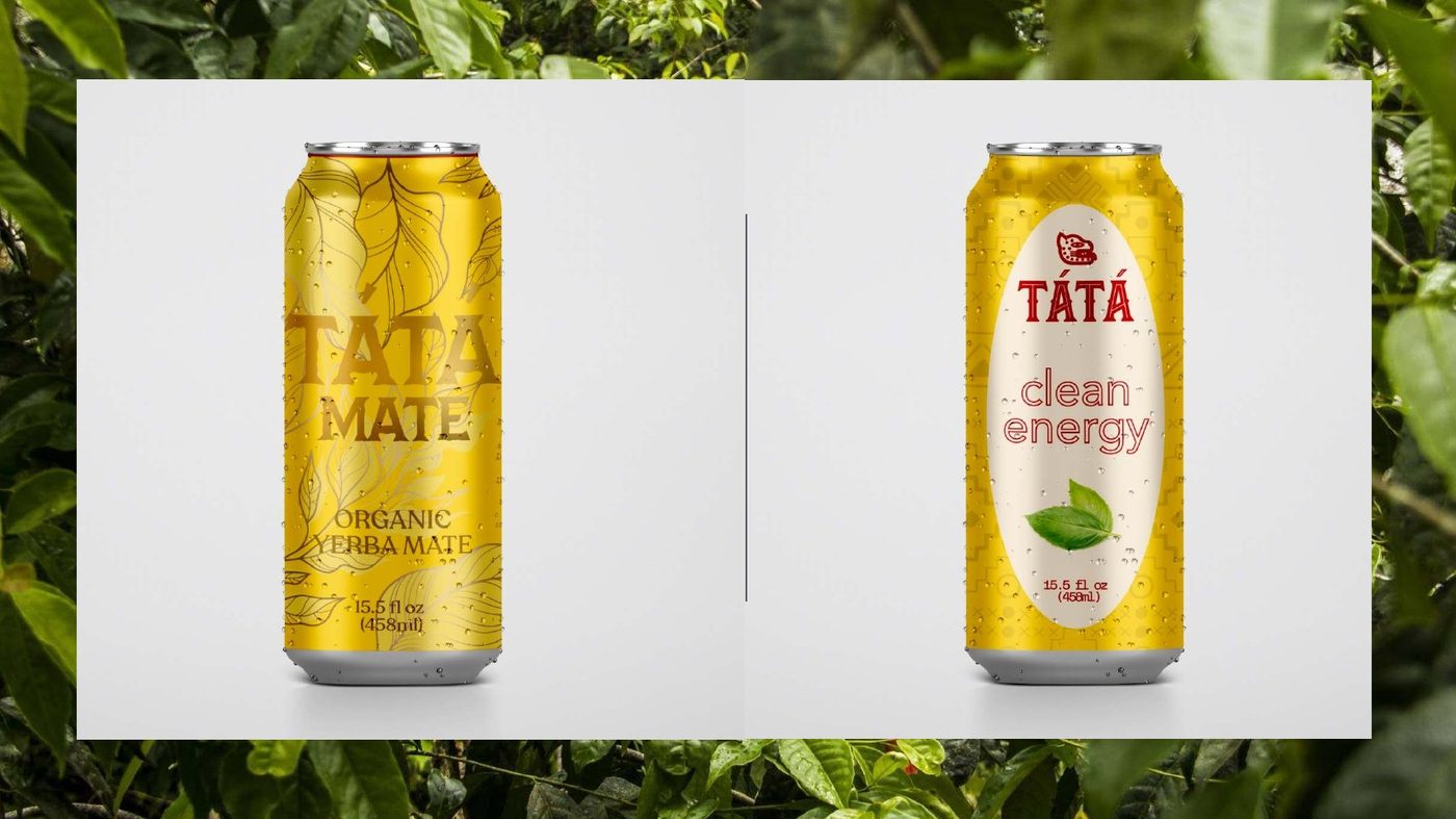 Two TATA Mate cans: gold organic yerba mate and yellow 'clean energy'