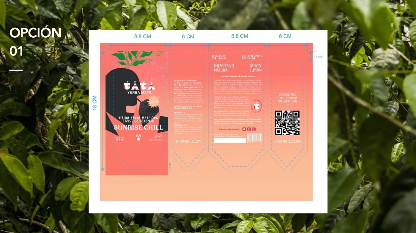TATA Mate label dieline, option 1, coral 'Sunrise Chill'